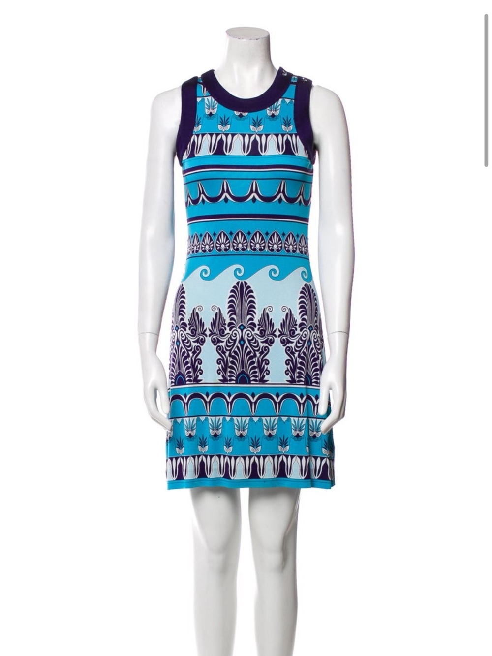 Tory Burch Sleeveless Blue Patterned Sheath Dress